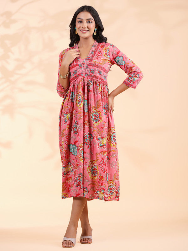 Pink Floral Print Cotton Alia Cut Dress