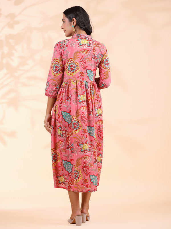 Pink Floral Print Cotton Alia Cut Dress