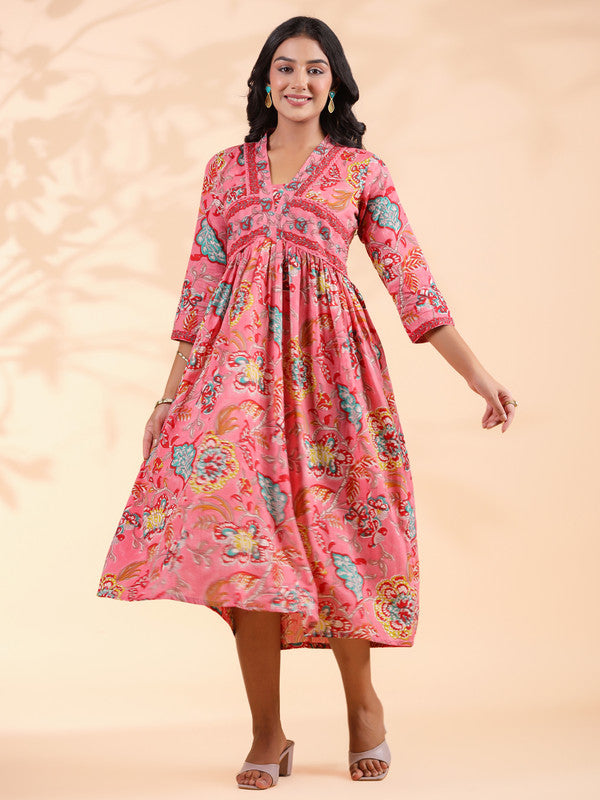 Pink Floral Print Cotton Alia Cut Dress