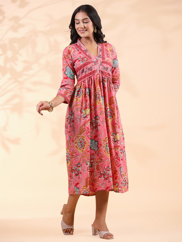 Pink Floral Print Cotton Alia Cut Dress