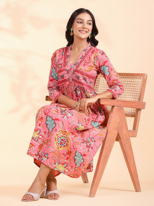 Pink Floral Print Cotton Alia Cut Dress