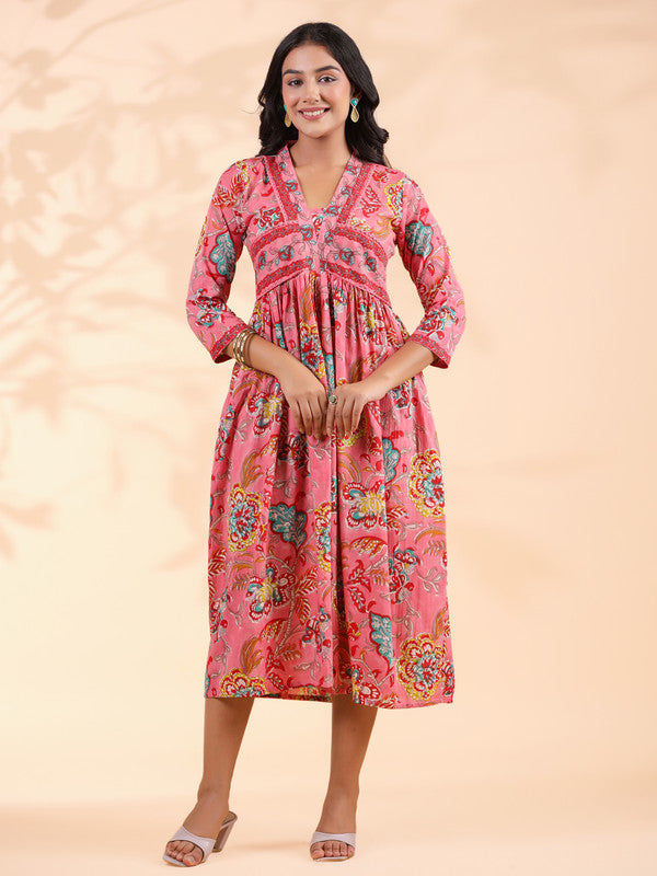 Pink Floral Print Cotton Alia Cut Dress
