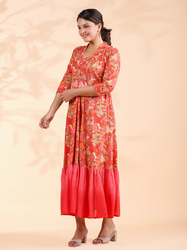 Pink Tie And Dye Work Flared Cotton Dress
