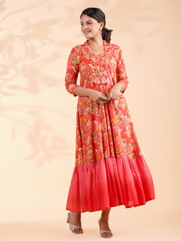 Pink Tie And Dye Work Flared Cotton Dress