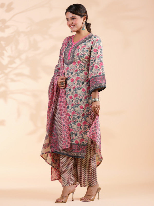 Pink Floral Print Straight Cotton Stitched Kurta Set