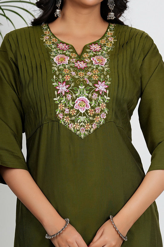 Mahendi Solid With Embroidered Straight Vertican Kurta Set