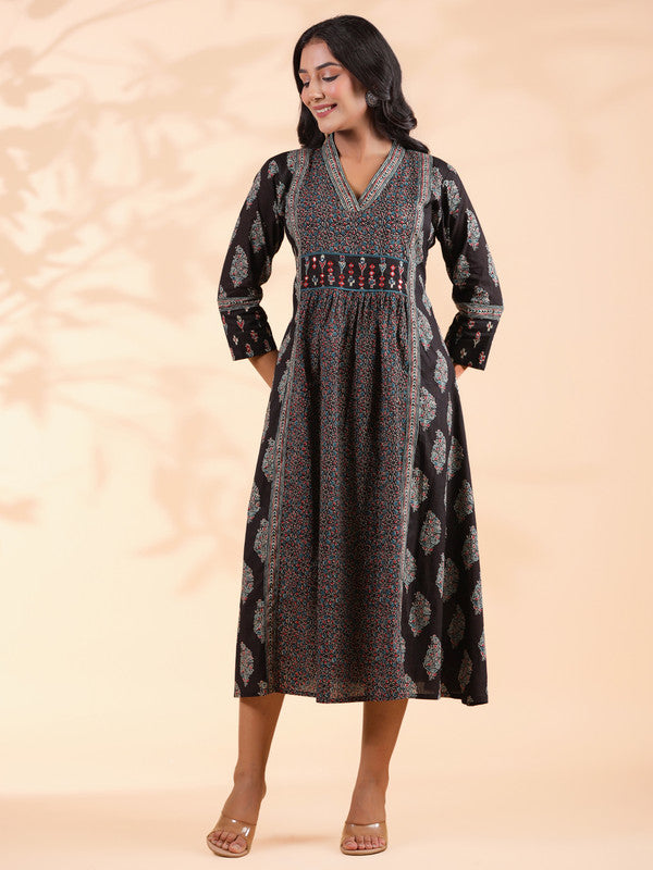 Black Geometric Print A-Line Cotton Dress
