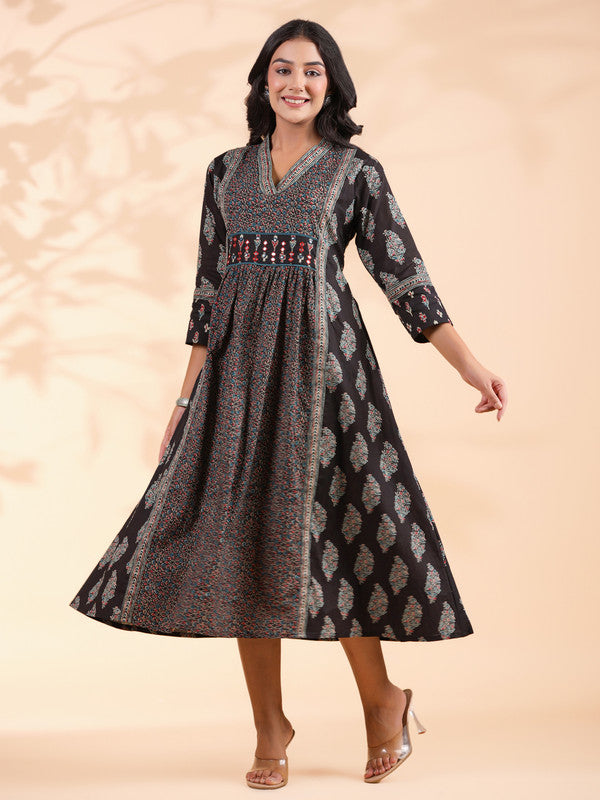 Black Geometric Print A-Line Cotton Dress