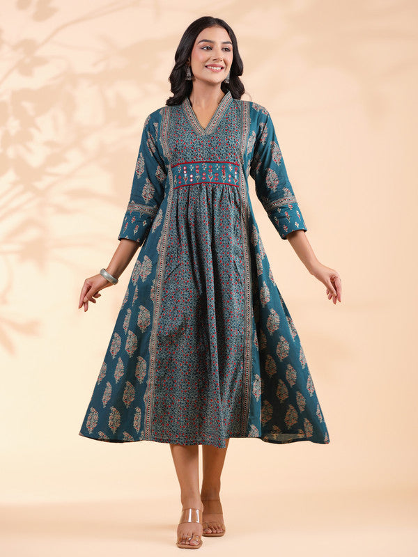 Aqua Blue Geometric Print A-Line Cotton Dress