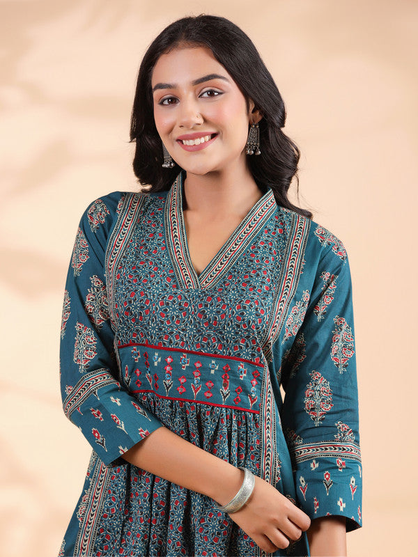 Aqua Blue Geometric Print A-Line Cotton Dress
