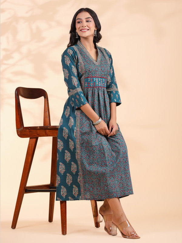 Aqua Blue Geometric Print A-Line Cotton Dress