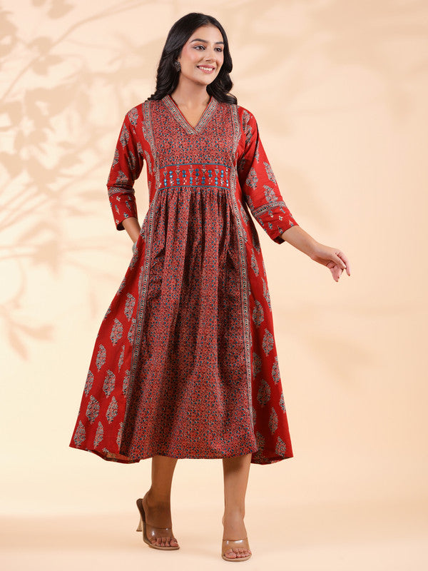 Red Geometric Print A-Line Cotton Dress