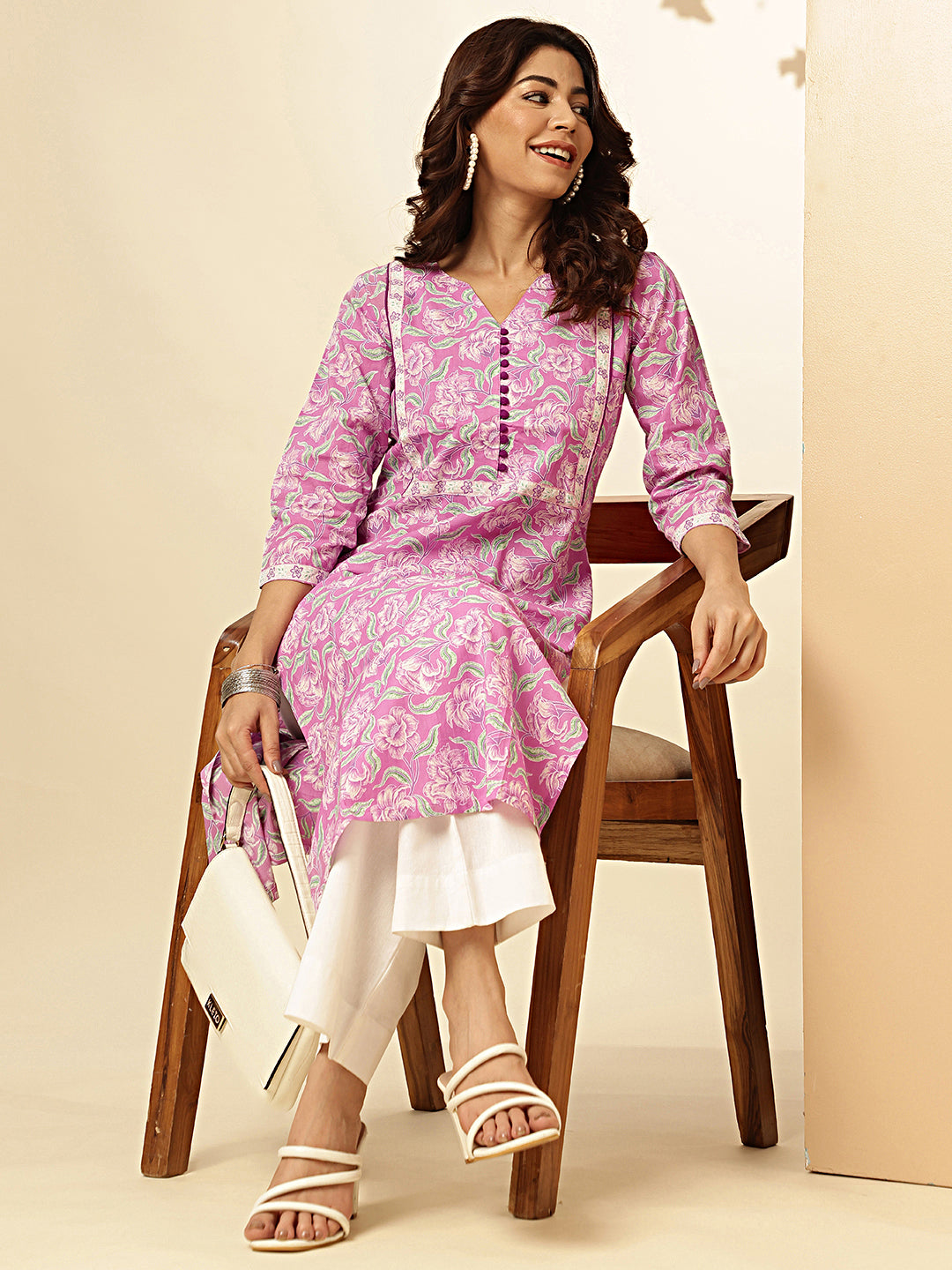 Purple Floral Print Straight Cotton Stitched Kurta