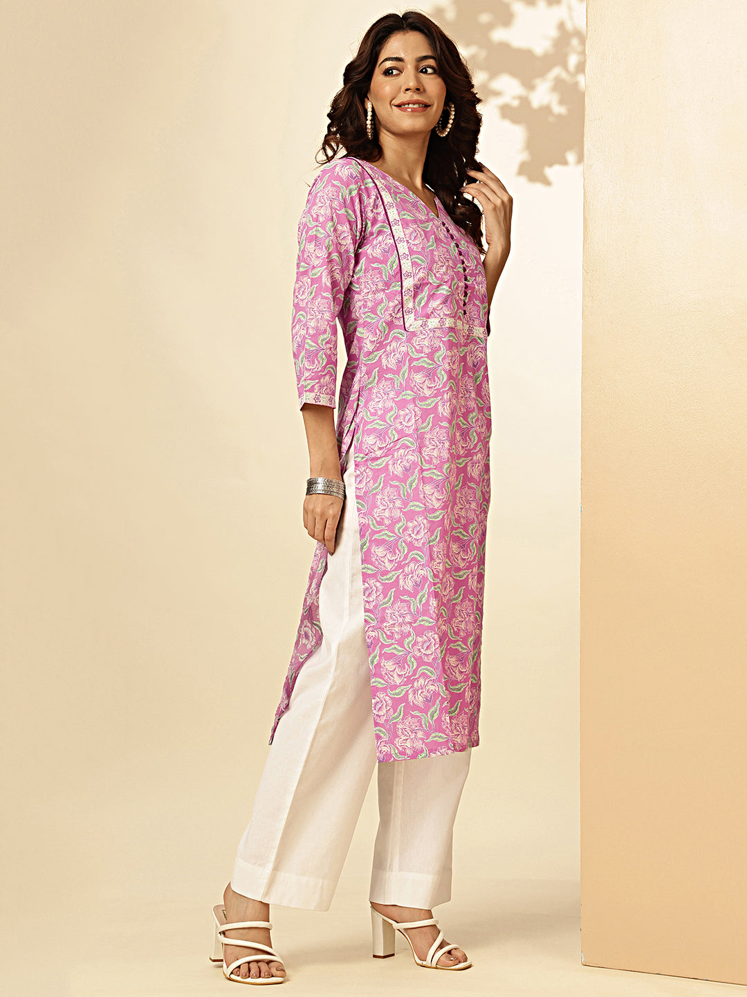 Purple Floral Print Straight Cotton Stitched Kurta