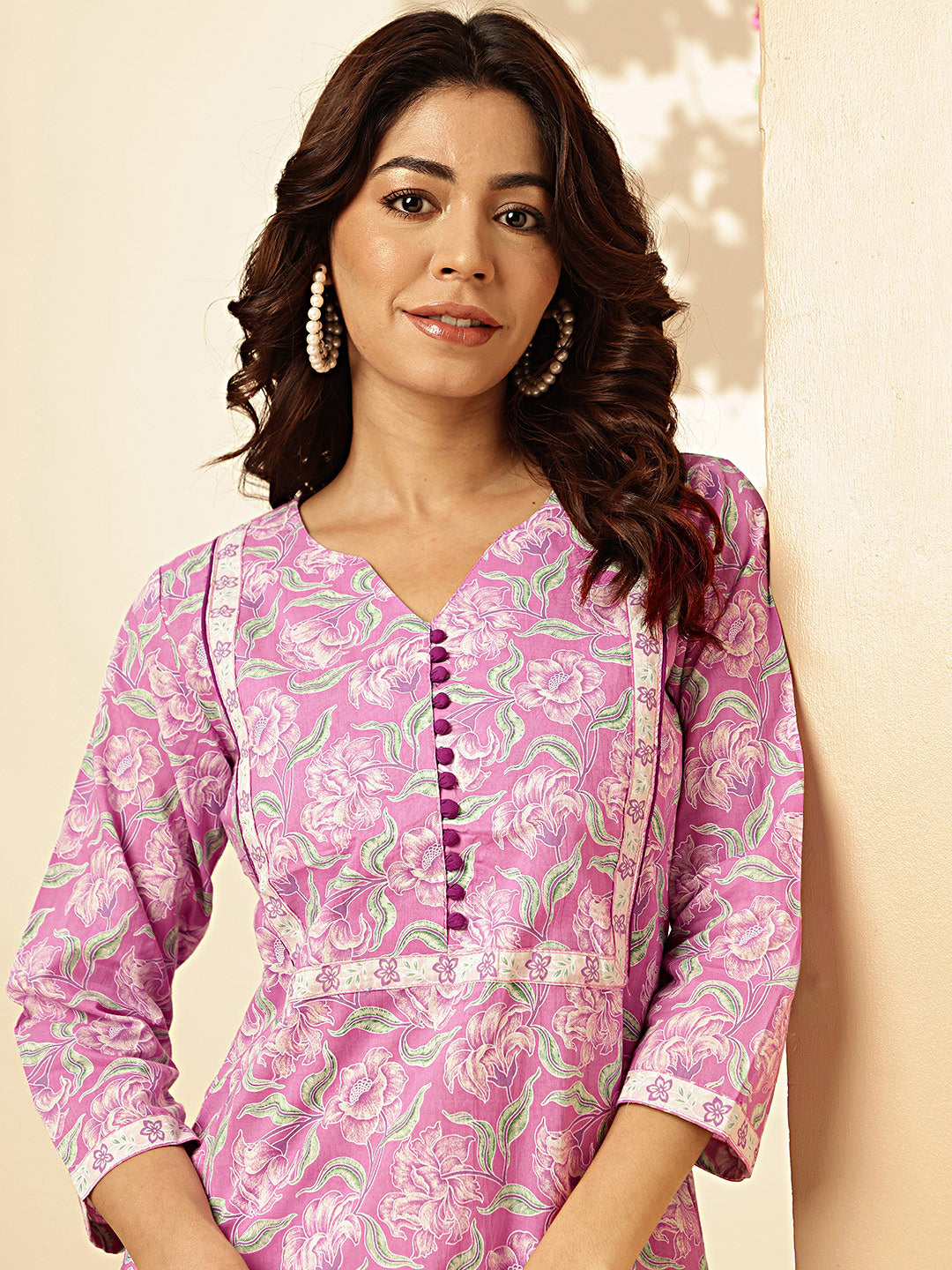 Purple Floral Print Straight Cotton Stitched Kurta