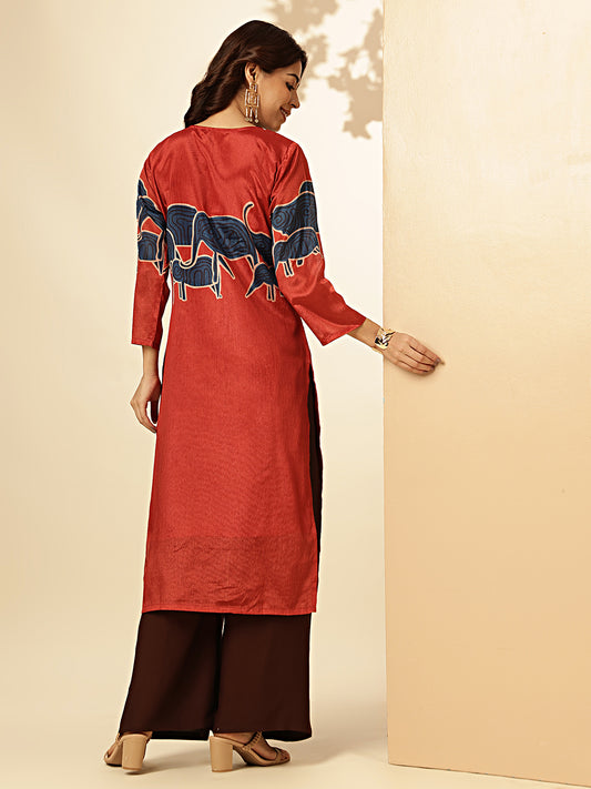 Red Animal Print Straight Chinon Stitched Kurta