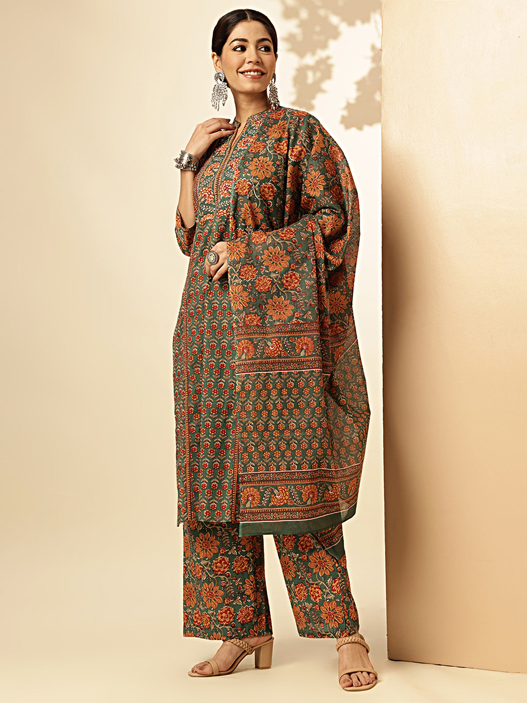 Floral Print Straight Cotton Green Stiched Kurta Palazzo With Dupatta