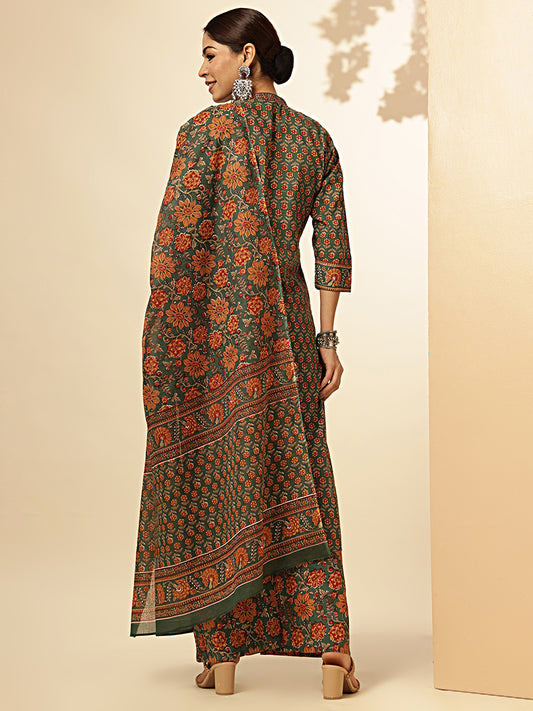 Floral Print Straight Cotton Green Stiched Kurta Palazzo With Dupatta