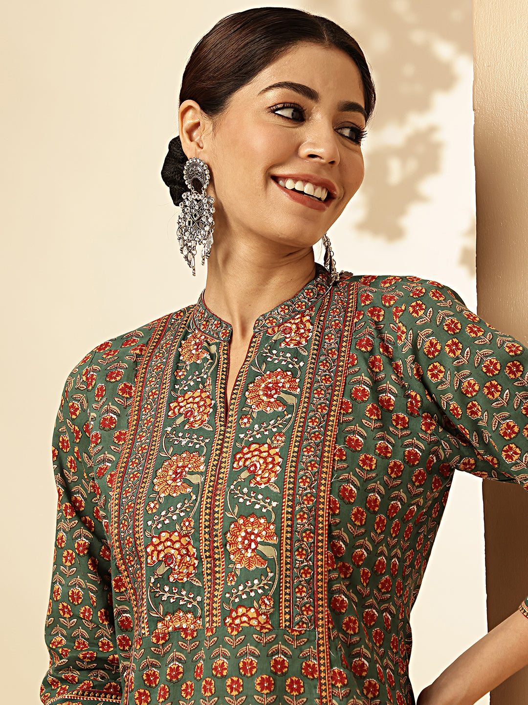 Floral Print Straight Cotton Green Stiched Kurta Palazzo With Dupatta