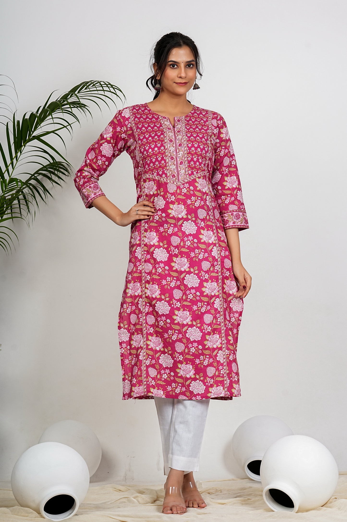 Dark Pink Floral Print straight Cotton Kurta