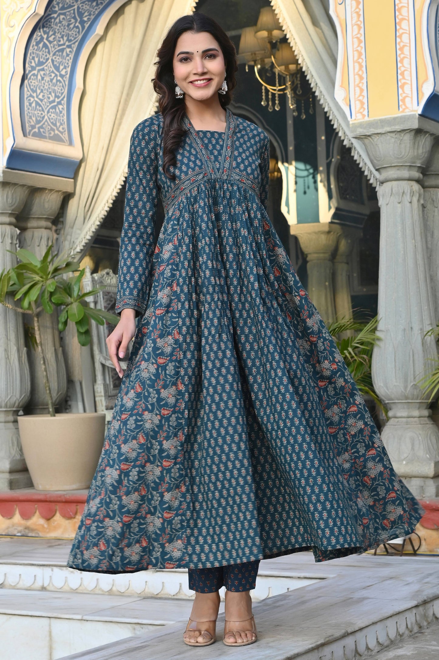 Aqua Floral Printed Anarkali Cotton Stitched Dress