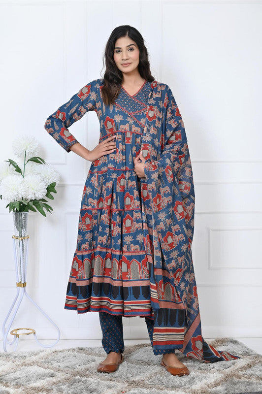Blue Animal Print With Sequence Work Anarkali Cotton Kurta Set