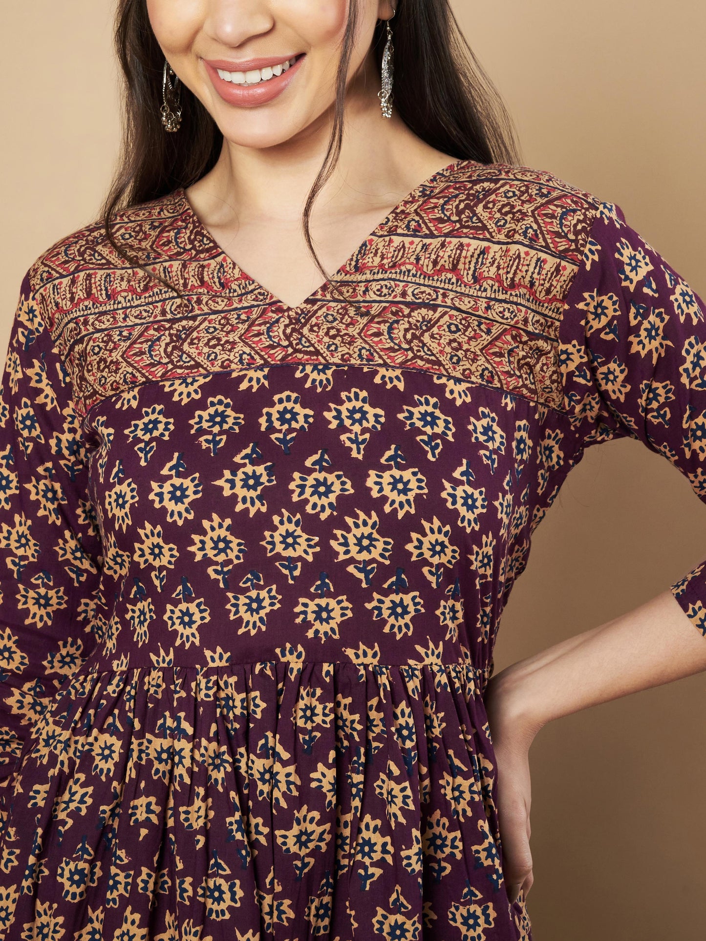 Wine Color Floral Printed Flared Cotton Tunic