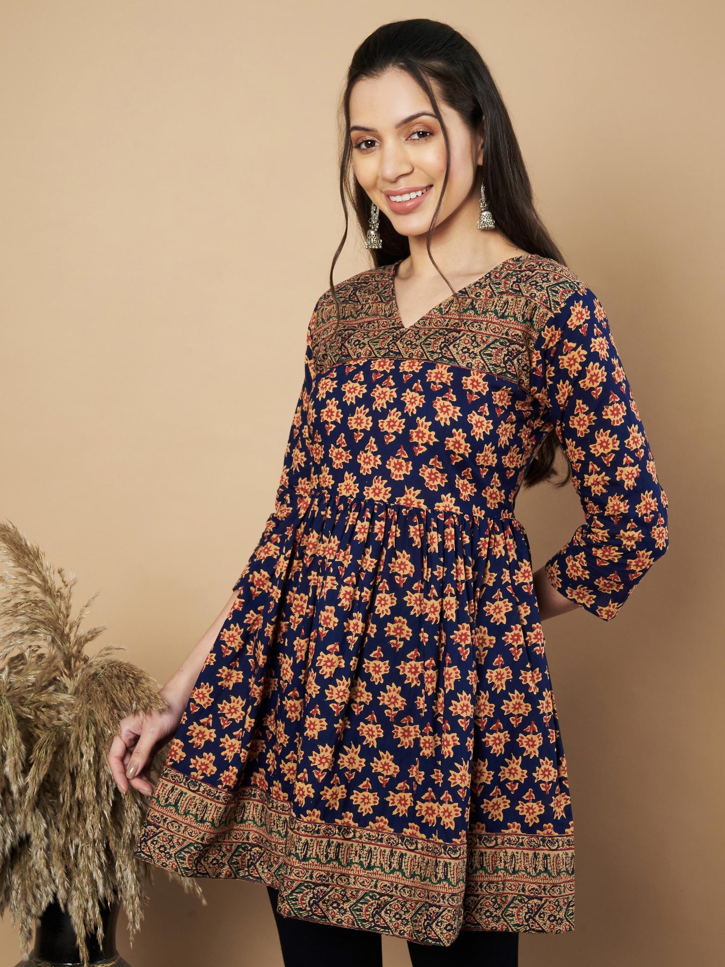 Navy Blue Color Floral Printed Flared Cotton Tunic