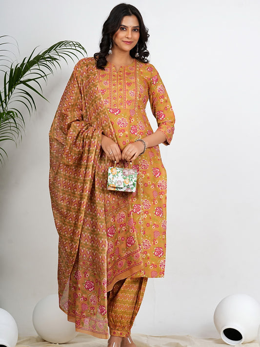 Multi Color Floral Print With Lace Work Straight Cotton Kurta Set