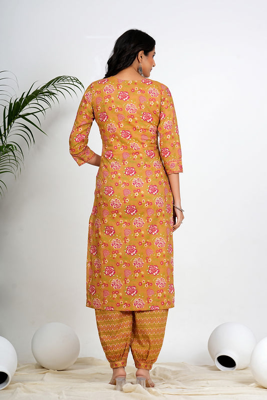 Multi Color Floral Print With Lace Work Straight Cotton Kurta Set