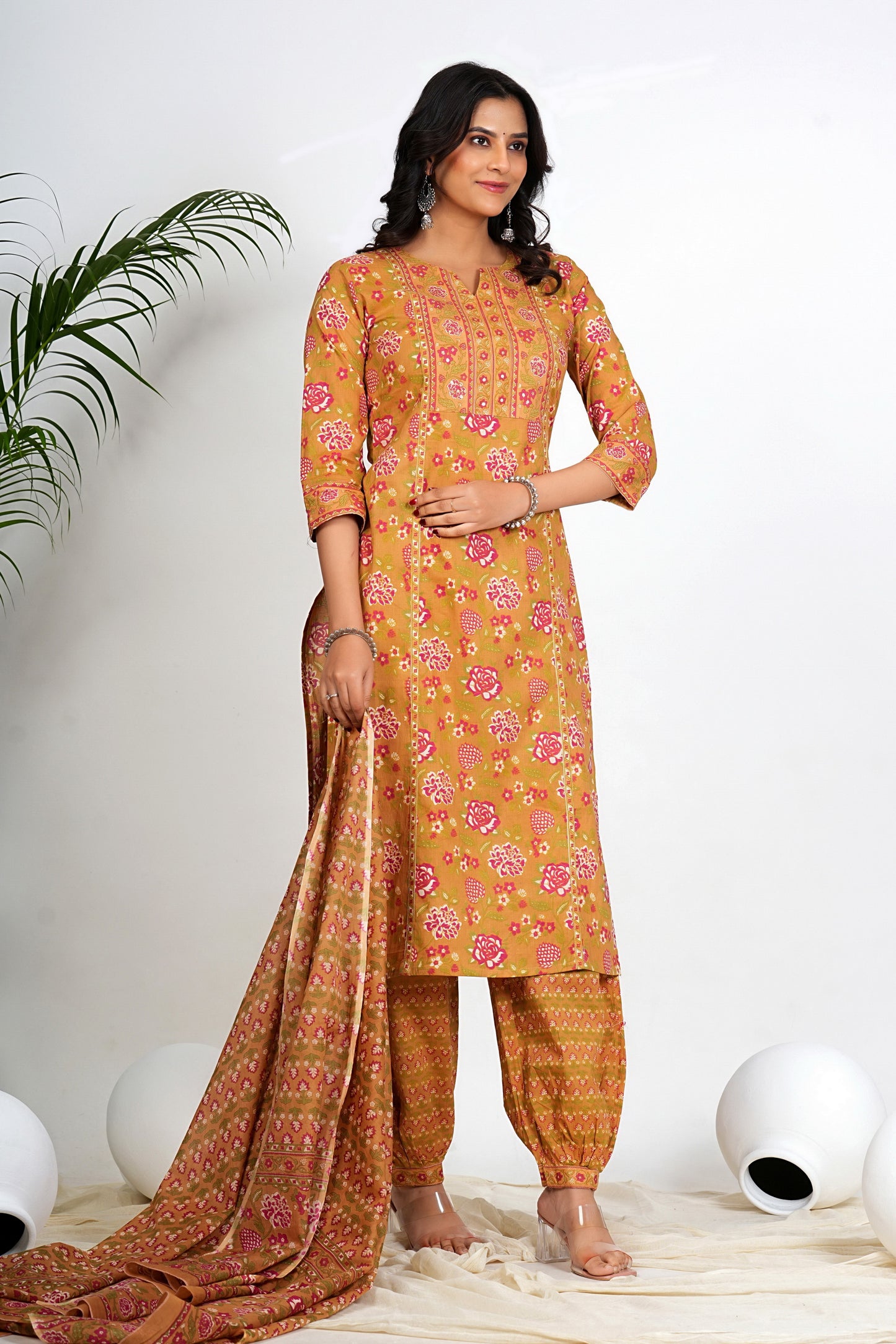 Multi Color Floral Print With Lace Work Straight Cotton Kurta Set