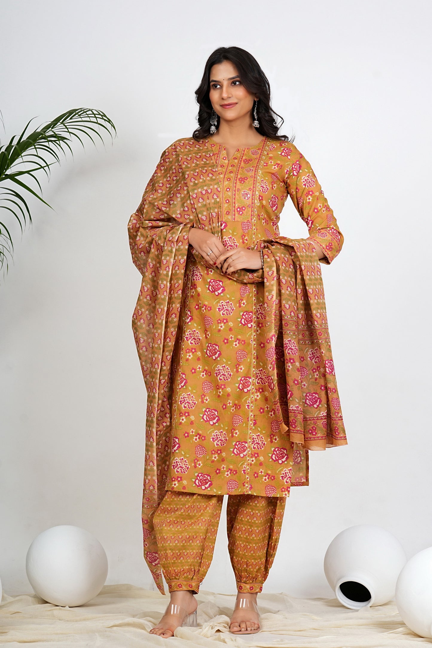 Multi Color Floral Print With Lace Work Straight Cotton Kurta Set