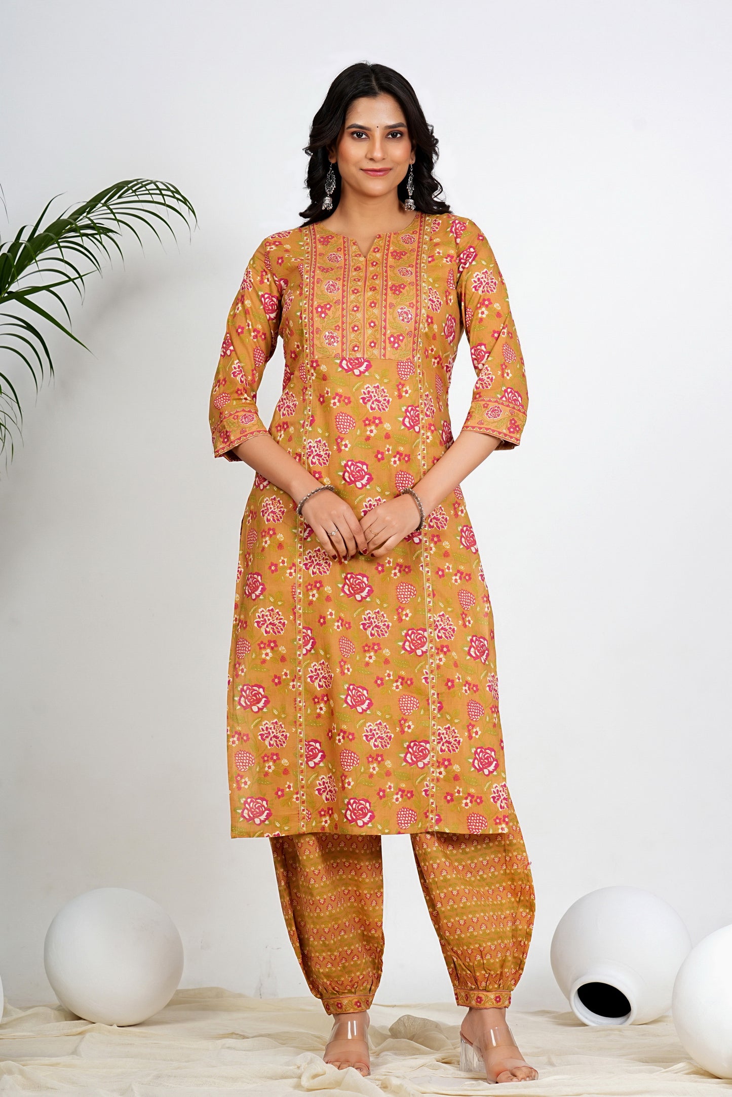 Multi Color Floral Print With Lace Work Straight Cotton Kurta Set