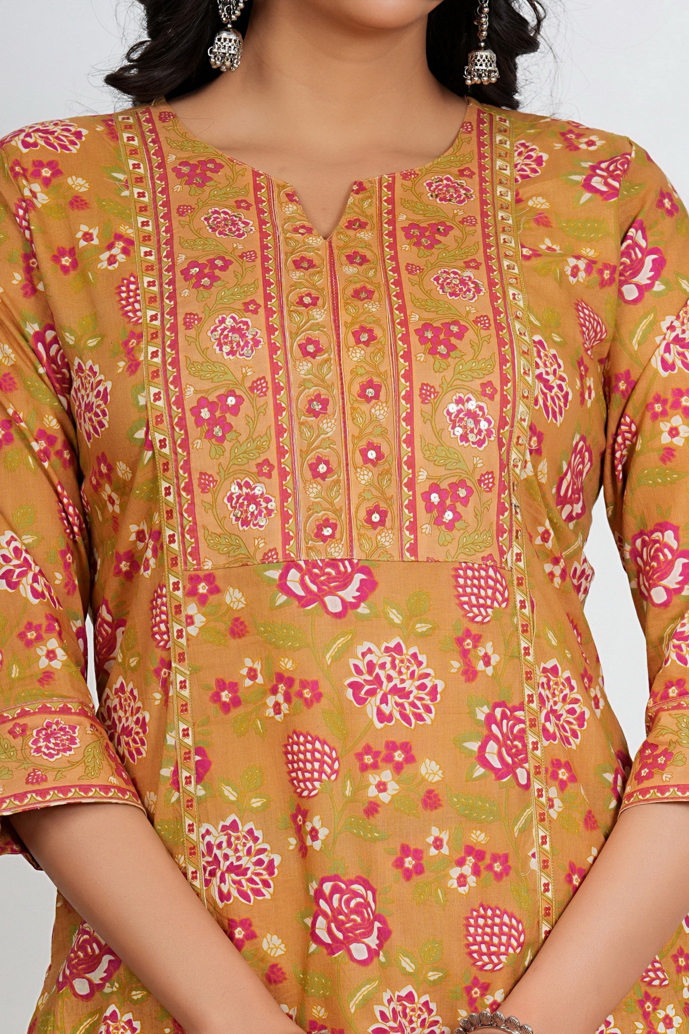 Multi Color Floral Print With Lace Work Straight Cotton Kurta Set