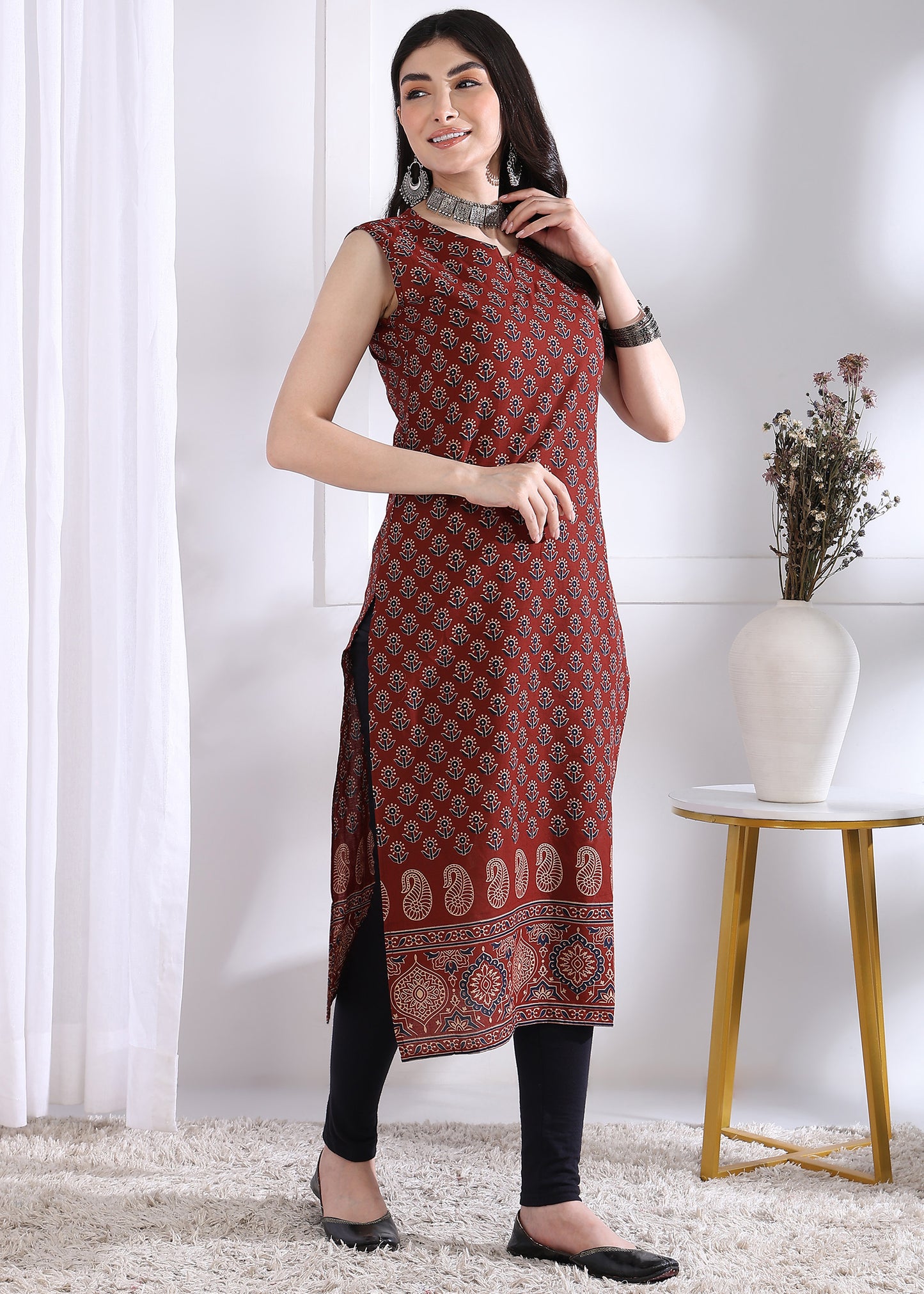 Maroon Floral Print Straight Cotton Kurta