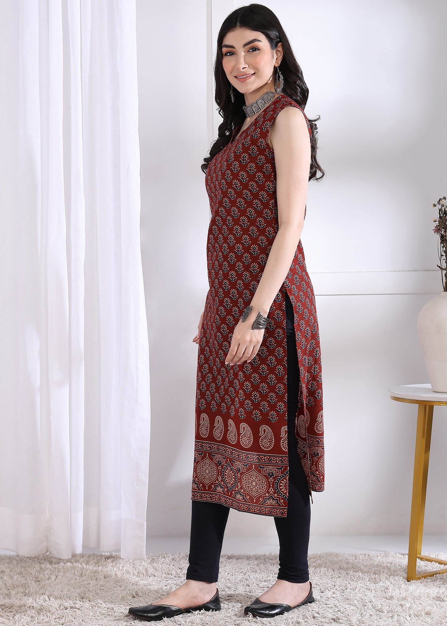 Maroon Floral Print Straight Cotton Kurta