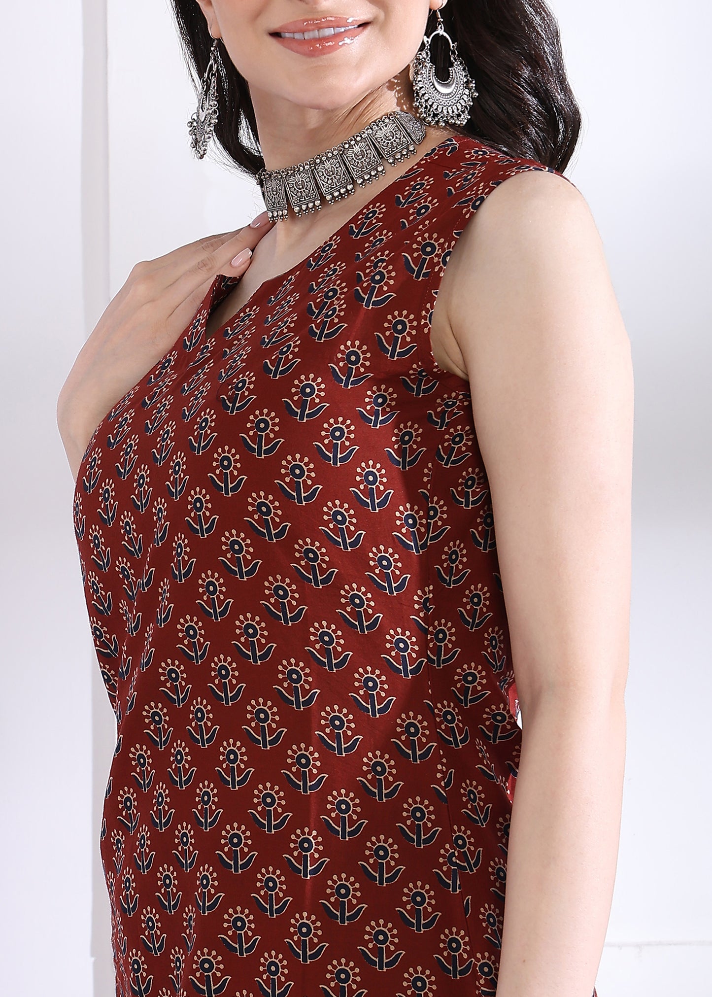 Maroon Floral Print Straight Cotton Kurta