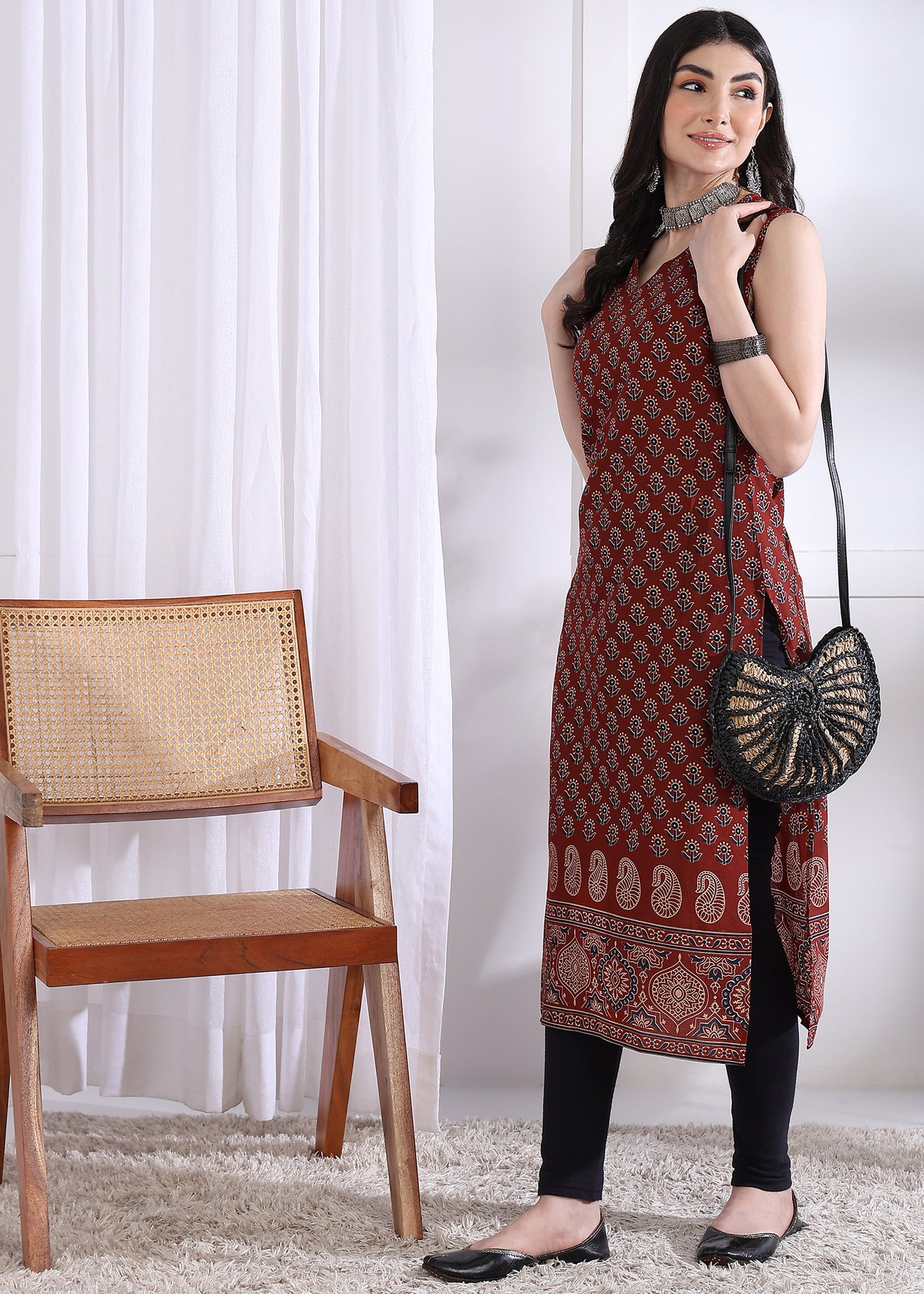 Maroon Floral Print Straight Cotton Kurta