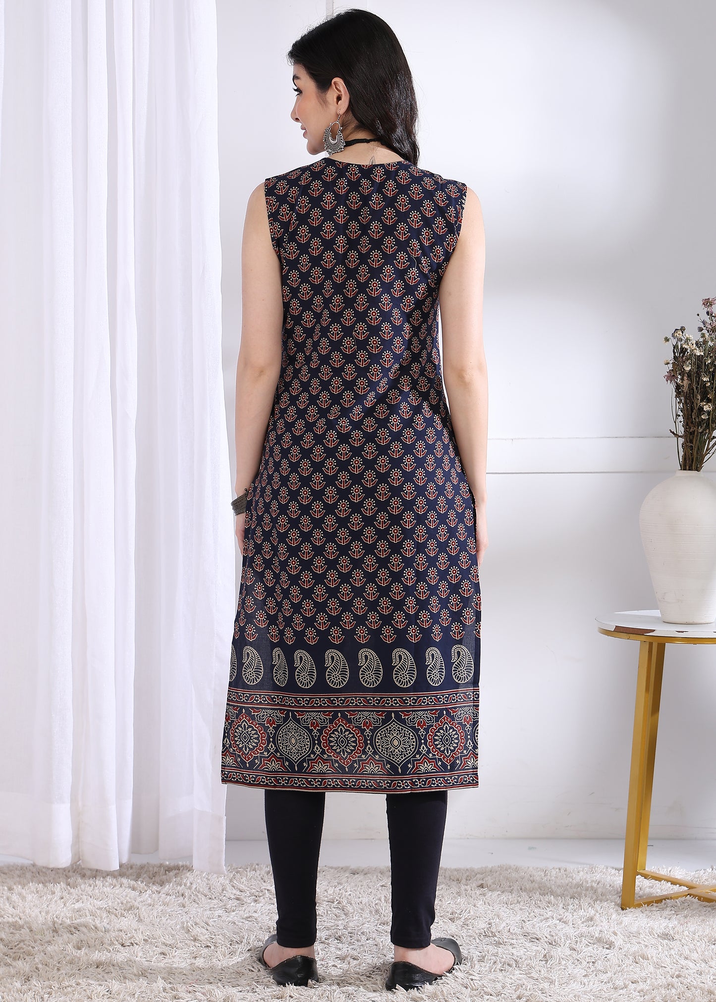 Navy Blue Floral Print Straight Cotton Kurta