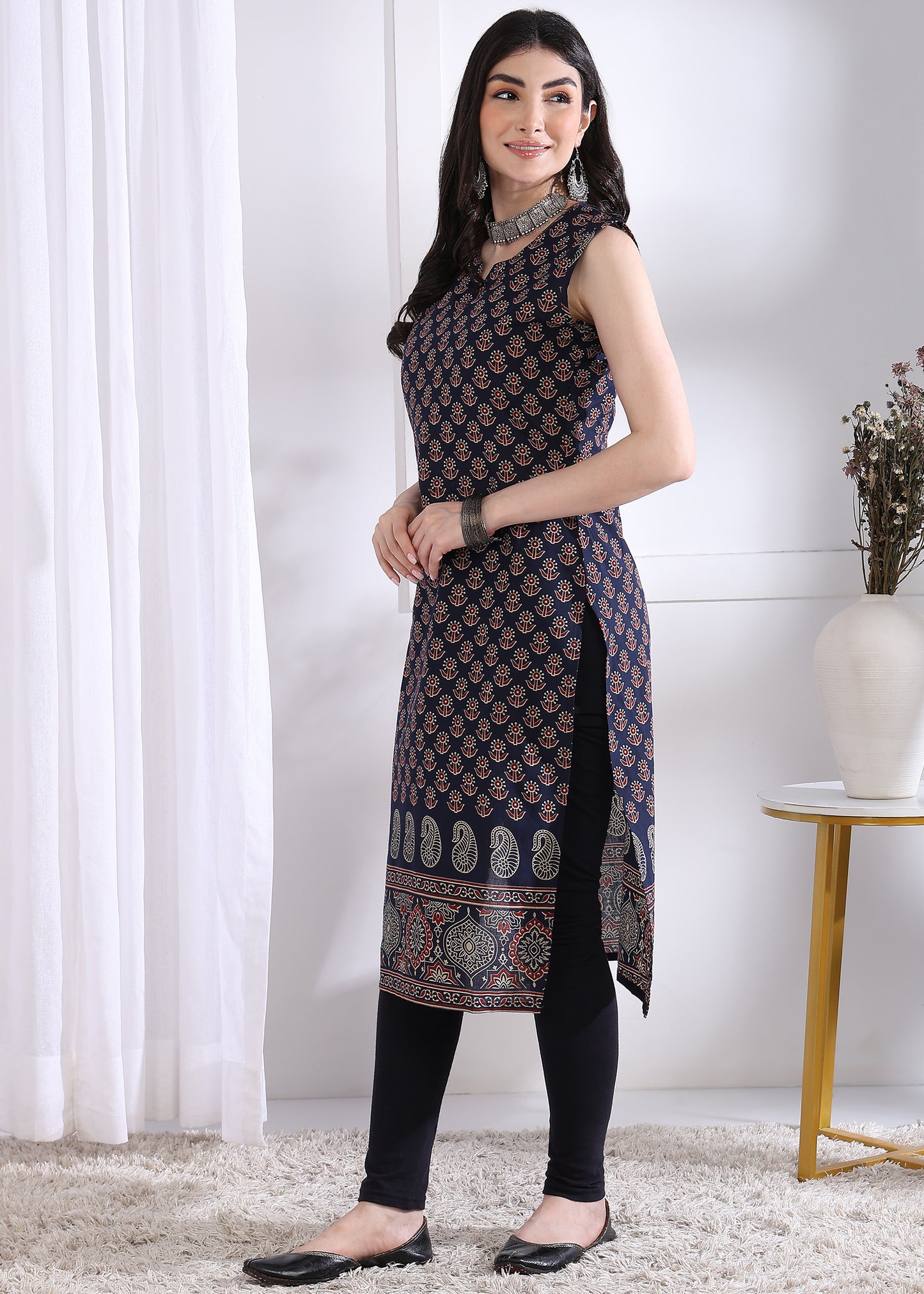 Navy Blue Floral Print Straight Cotton Kurta