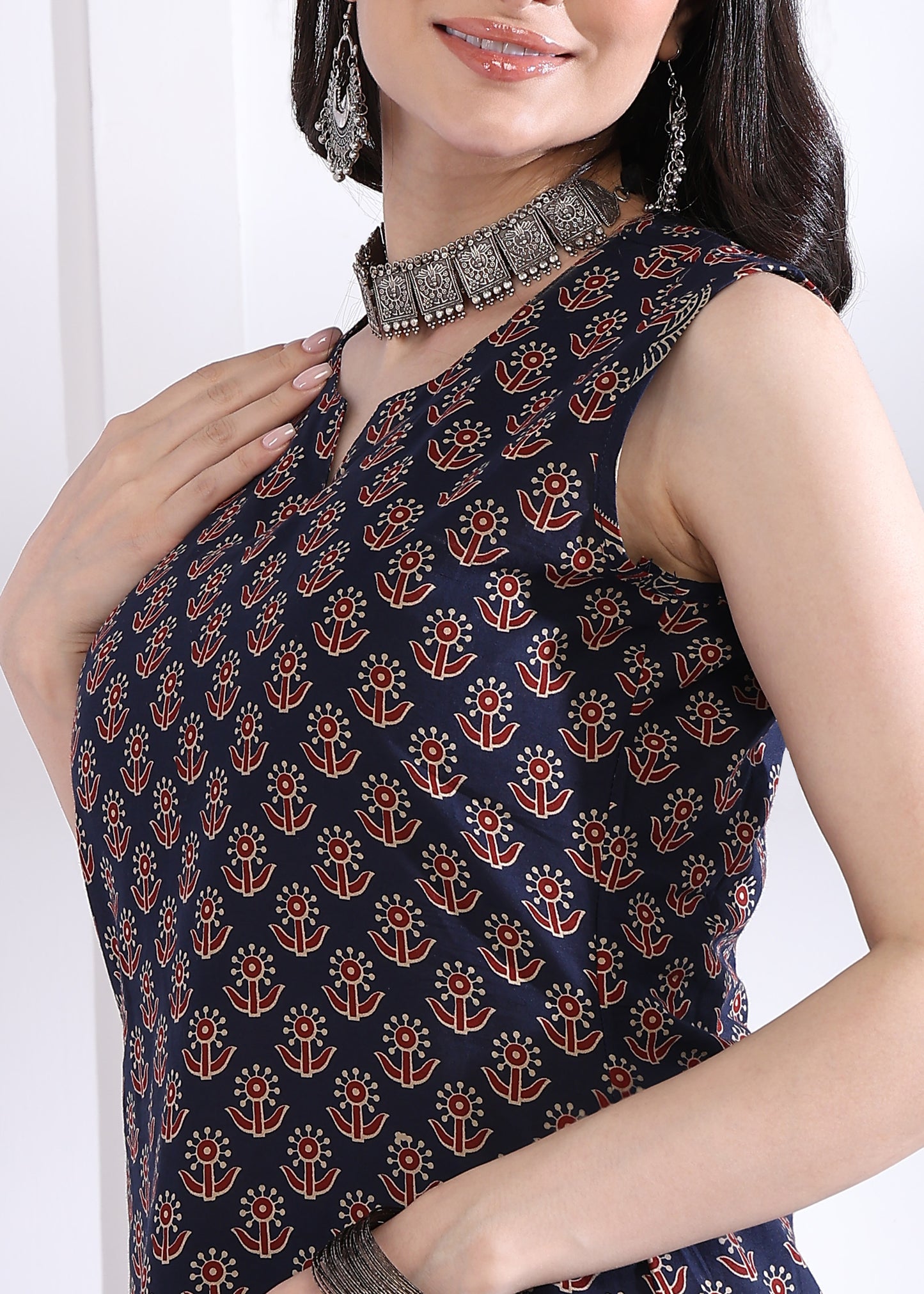 Navy Blue Floral Print Straight Cotton Kurta