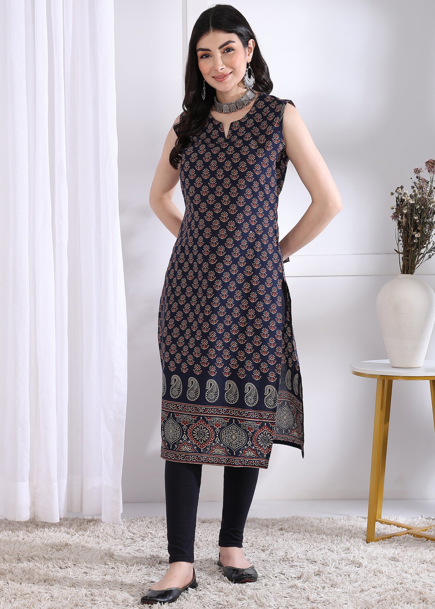 Navy Blue Floral Print Straight Cotton Kurta