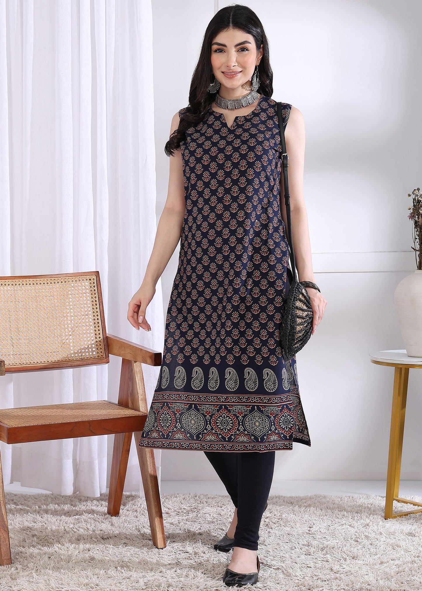 Navy Blue Floral Print Straight Cotton Kurta