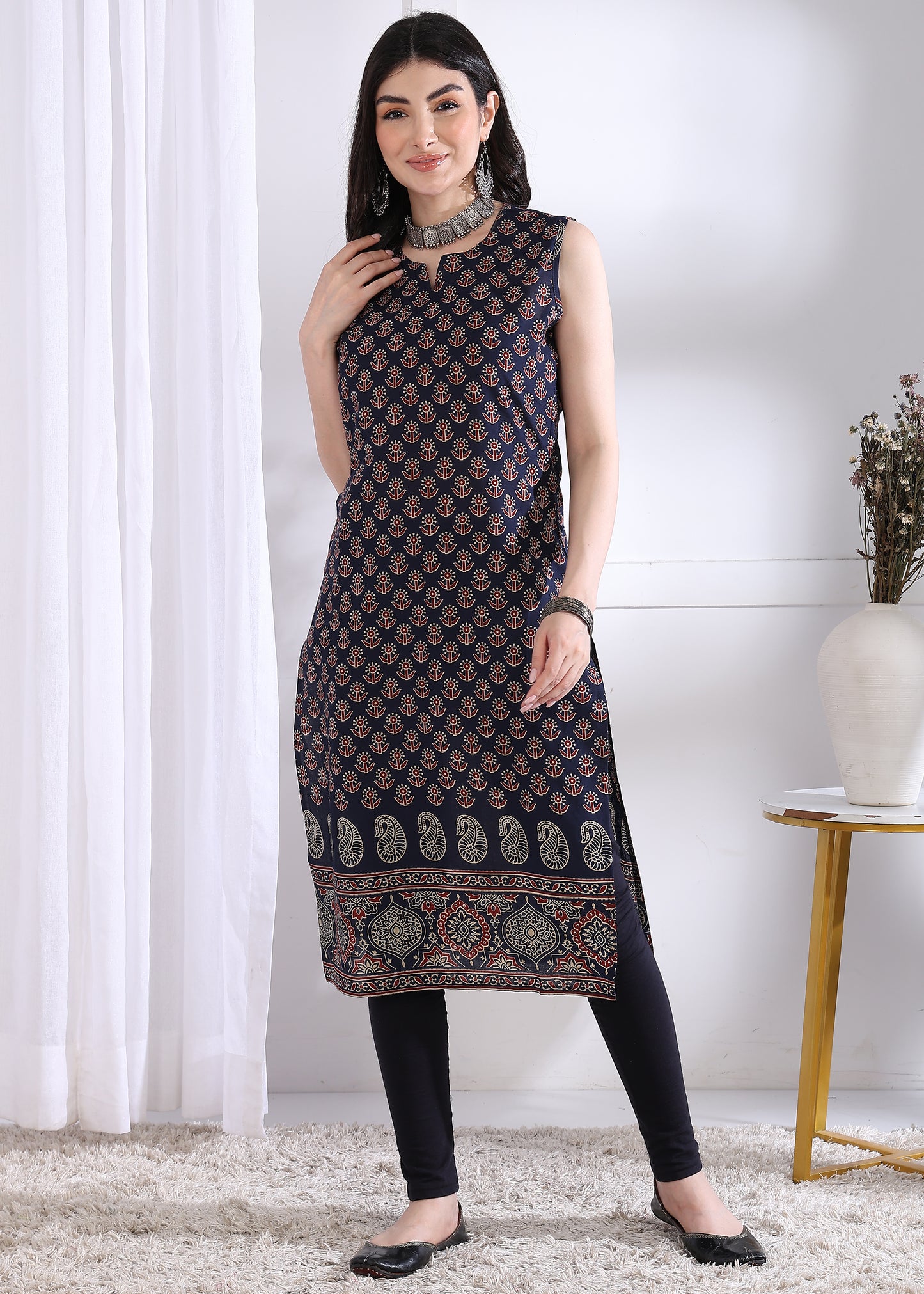 Navy Blue Floral Print Straight Cotton Kurta