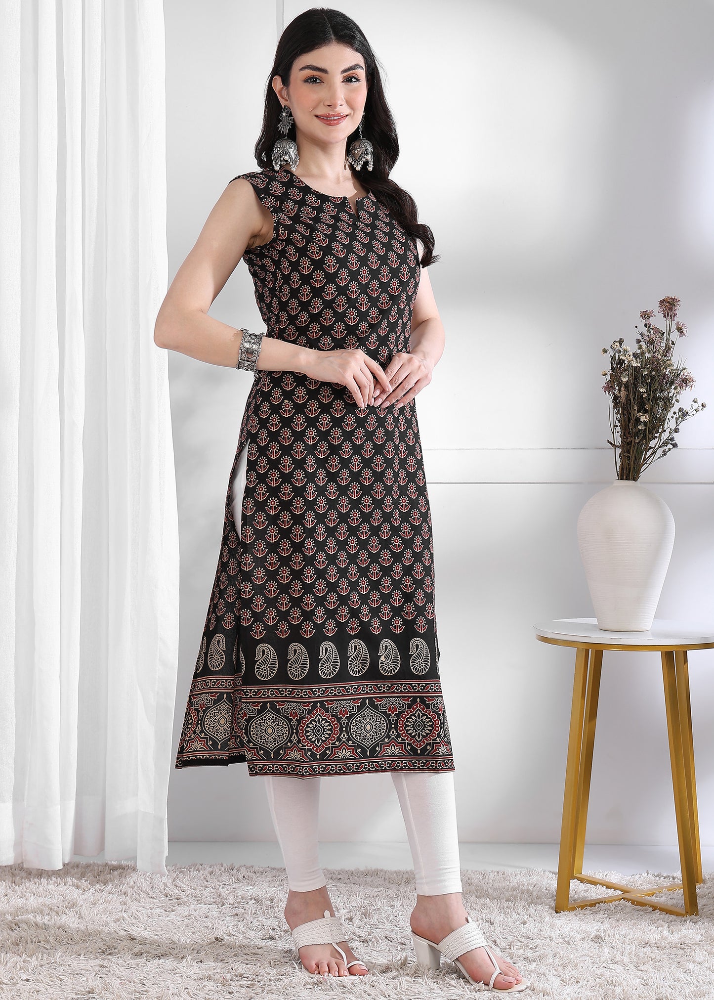 Green Floral Print Straight Cotton Kurta