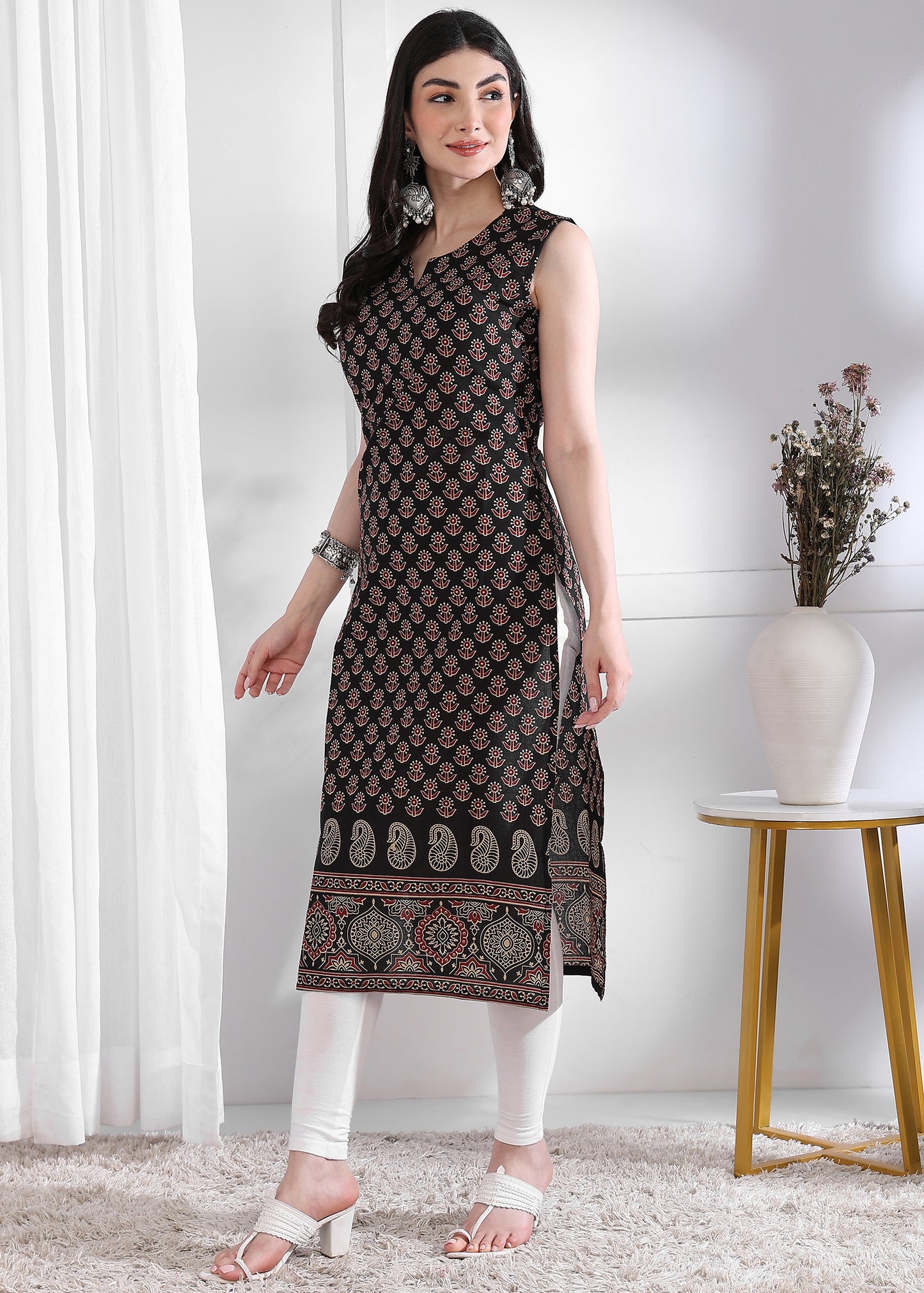 Green Floral Print Straight Cotton Kurta
