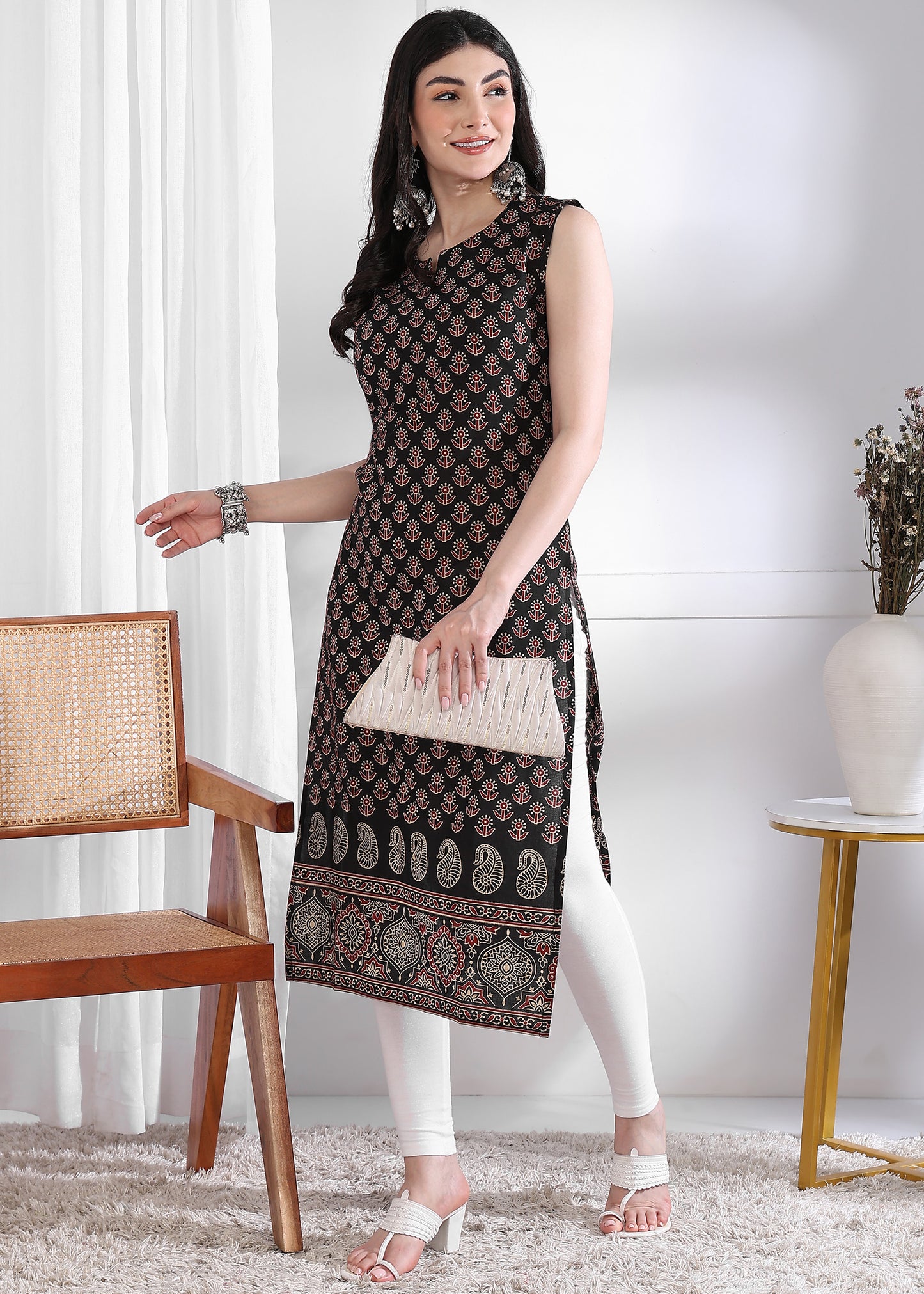 Green Floral Print Straight Cotton Kurta