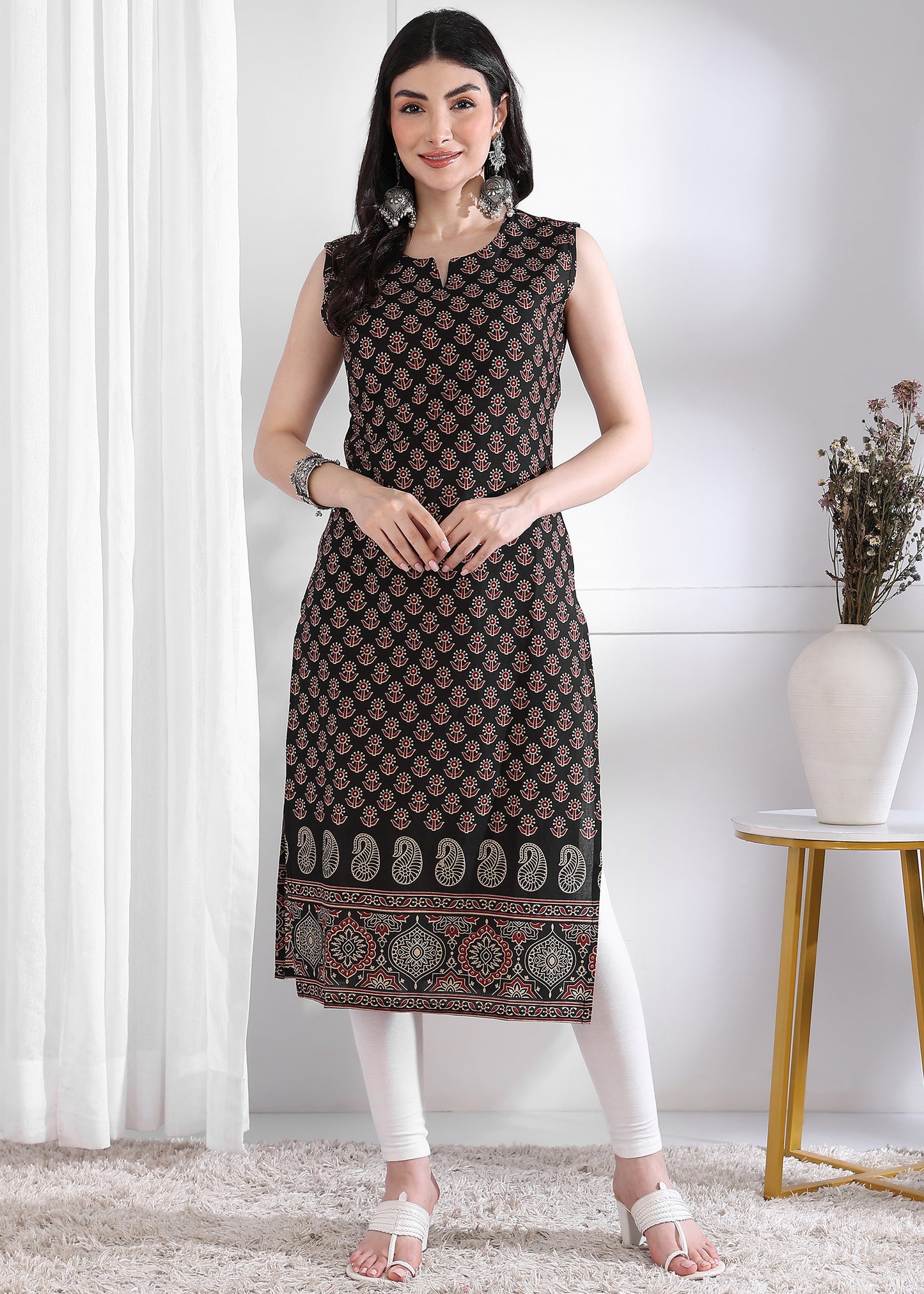 Green Floral Print Straight Cotton Kurta