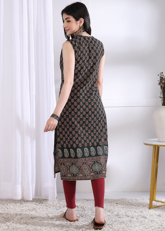 Black Floral Print Straight Cotton Kurta