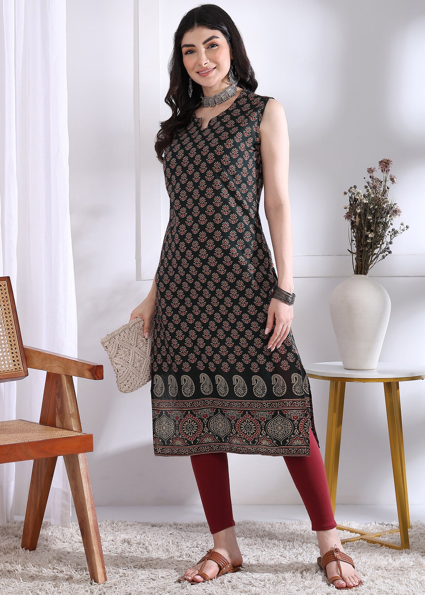 Black Floral Print Straight Cotton Kurta